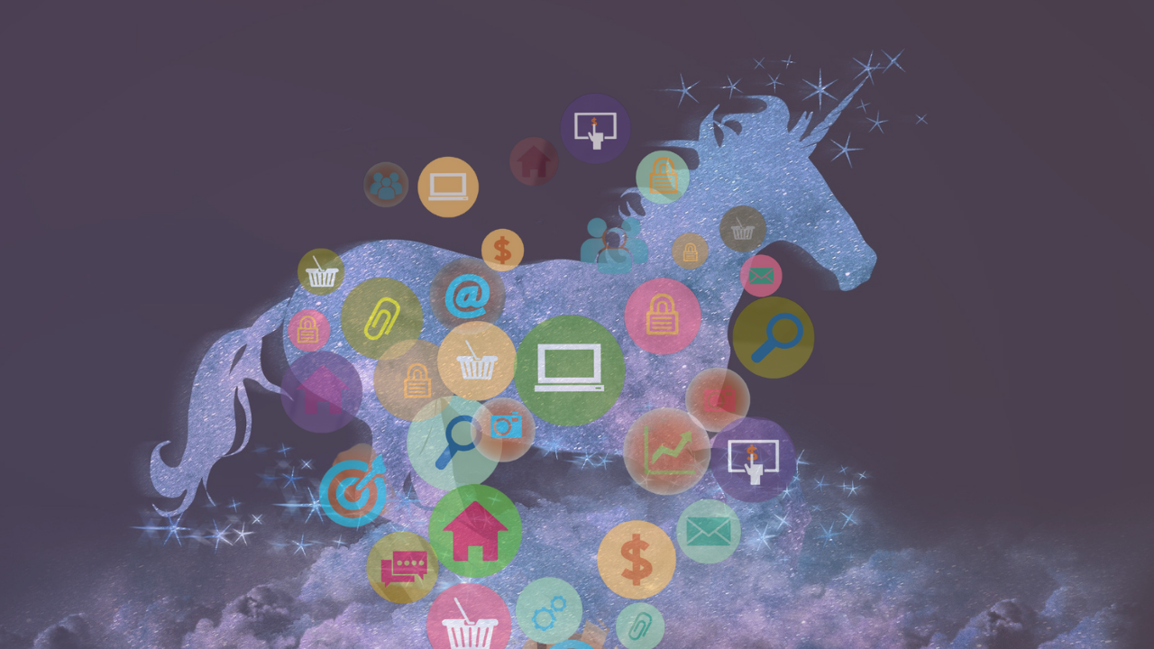 Unicorn with marketing jargon icons floating around it for article Rethinking the marketing Unicorn: Hire the Learner.